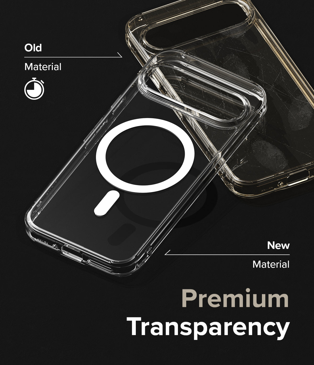 Google Pixel 9 Pro / 9 Case | Fusion Magnetic - Fusion Magnetic - Comparison of a yellowed old phone case and a clear new case with a magnetic ring on a black background.