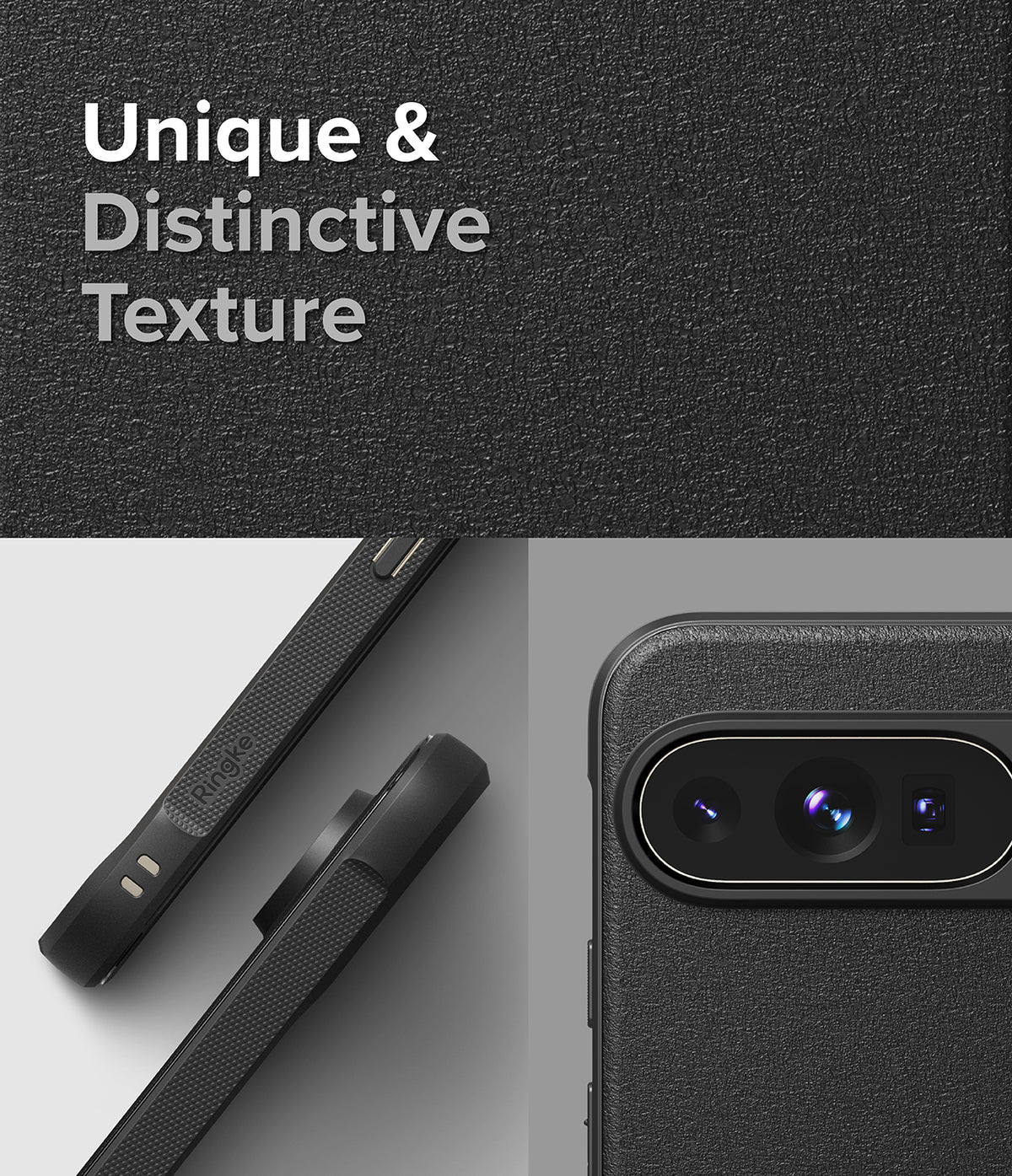 Google Pixel 9 Pro Case | Onyx - Close-up of black textured phone case showing camera cutout and side grip details.
