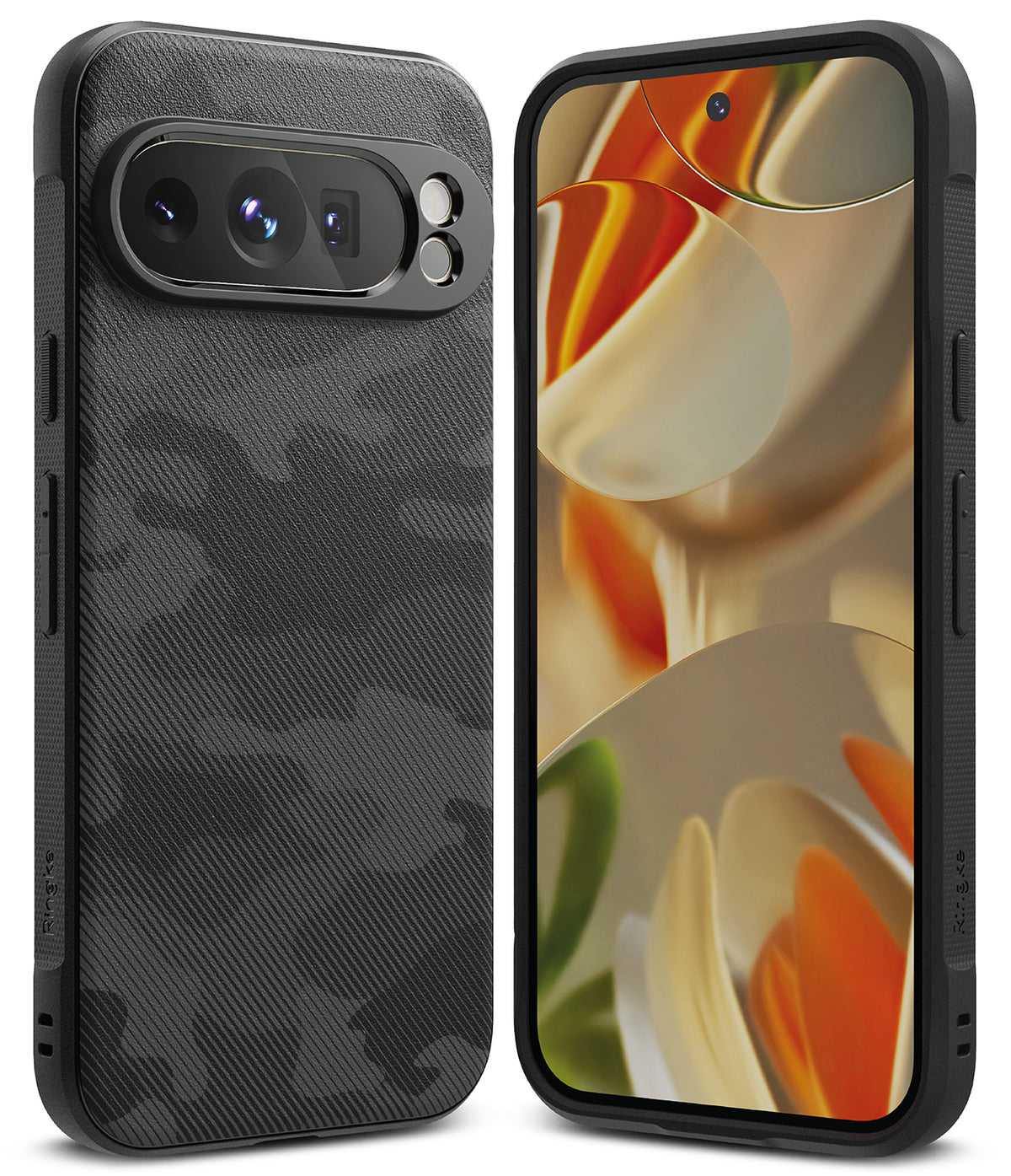 Google Pixel 9 Pro Case | Onyx - Black textured phone case showing the back camera array and front screen with abstract art.