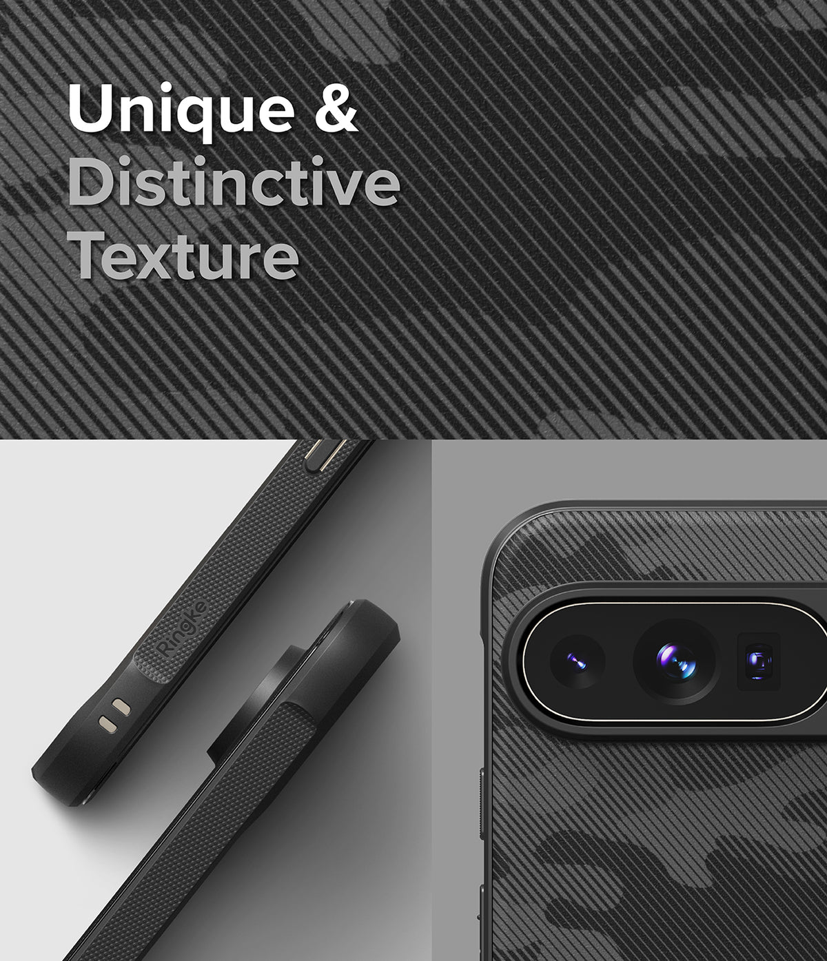 Google Pixel 9 Pro Case | Onyx - Close-up of a black phone case with a textured, diagonal camo pattern and Ringke branding.