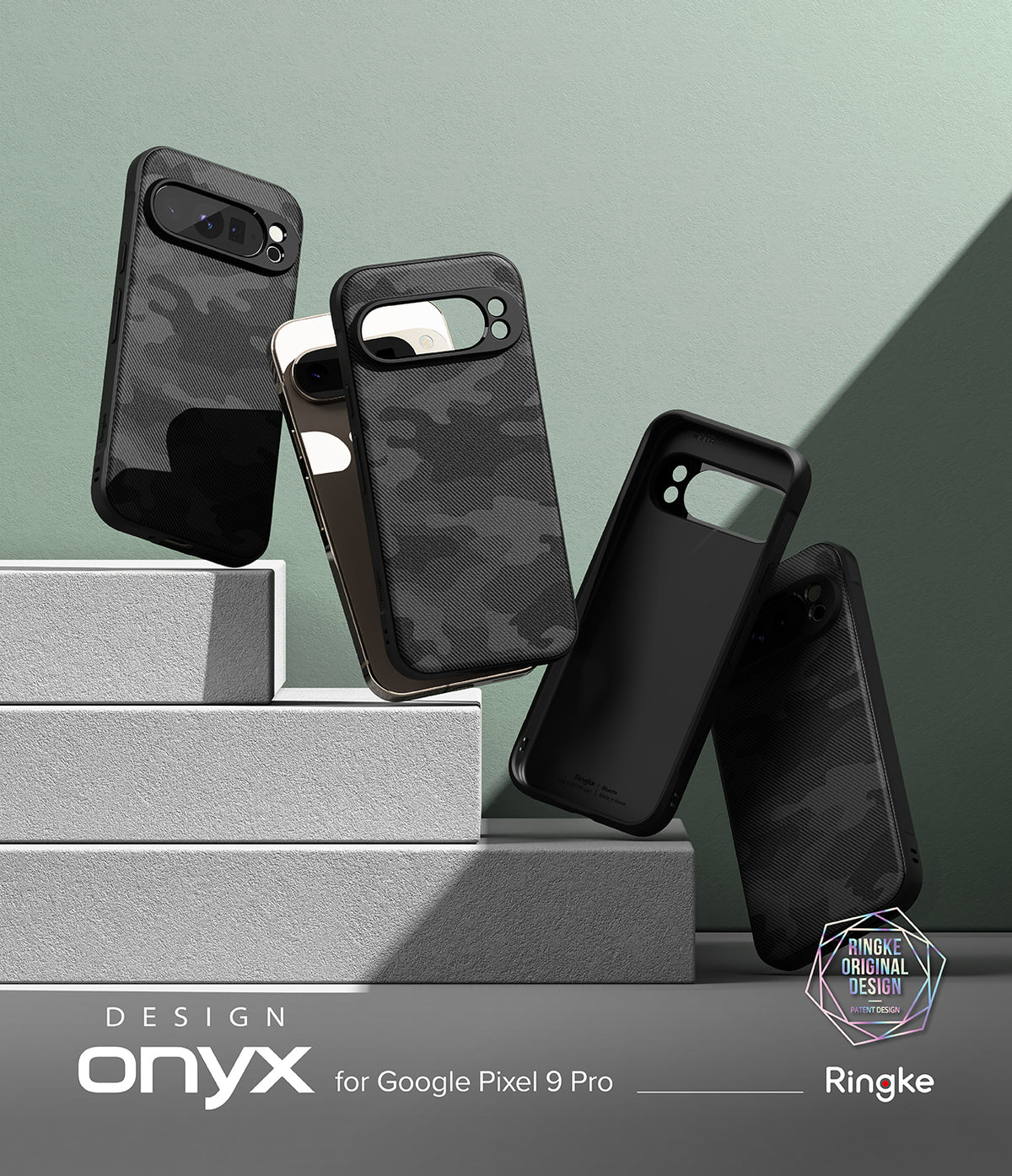 Google Pixel 9 Pro Case | Onyx - Four black camouflage-patterned phone cases floating above tiered white blocks.