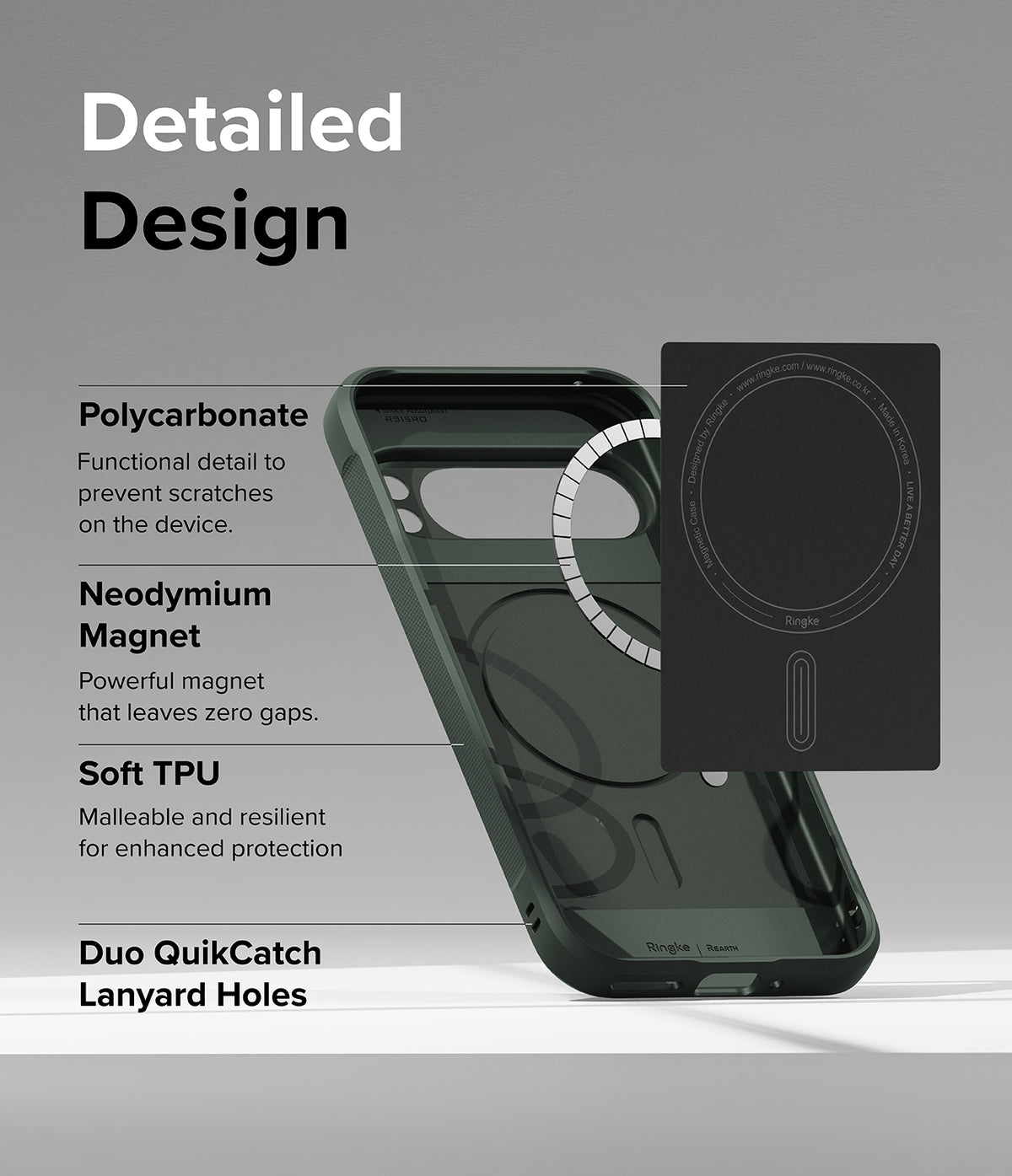 Google Pixel 9 Pro Case | Onyx Magnetic - Diagram showing polycarbonate, magnet, TPU, and lanyard features of the phone case.