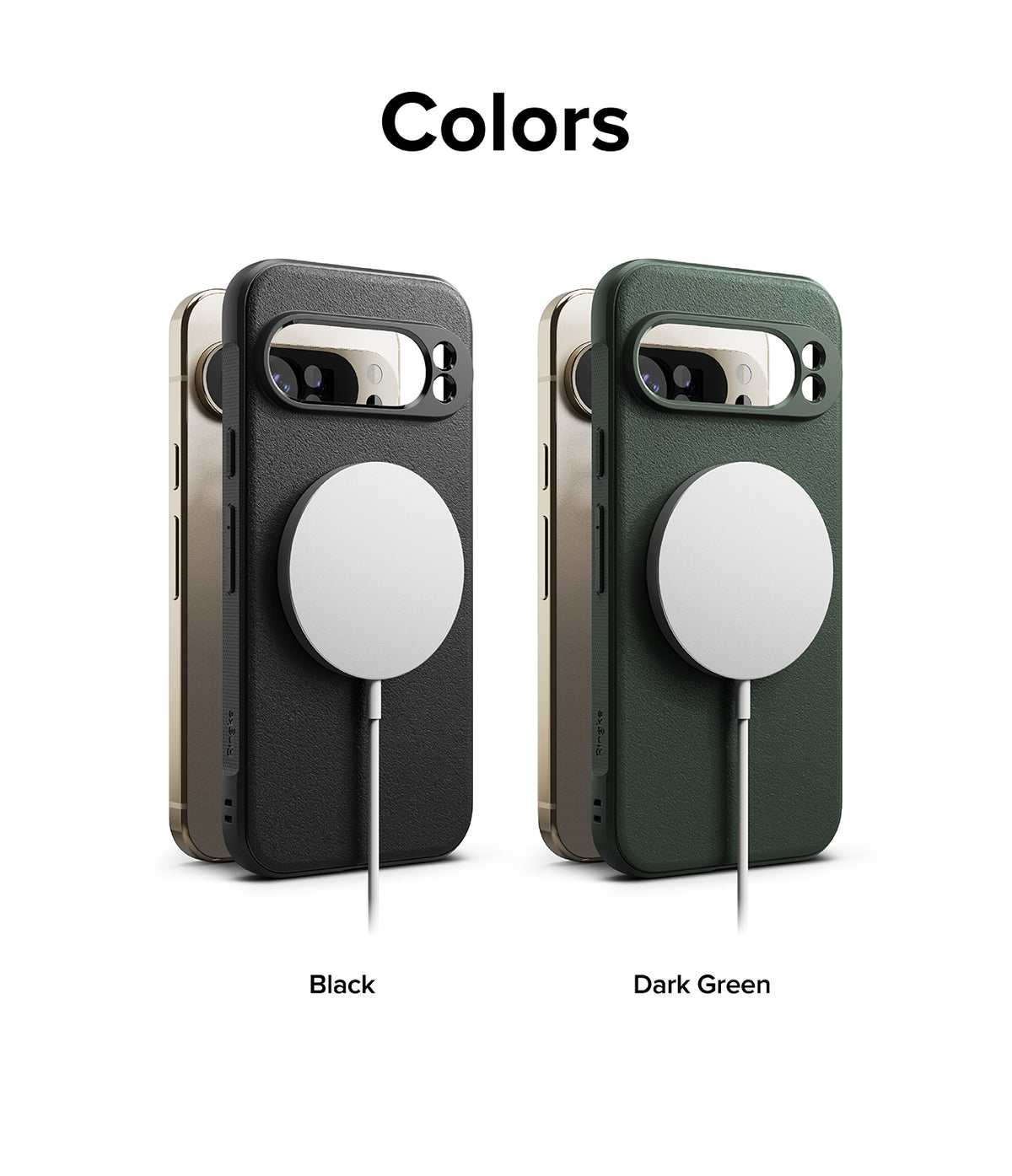 Google Pixel 9 Pro Case | Onyx Magnetic - Black and dark green magnetic phone cases shown with charging pucks.