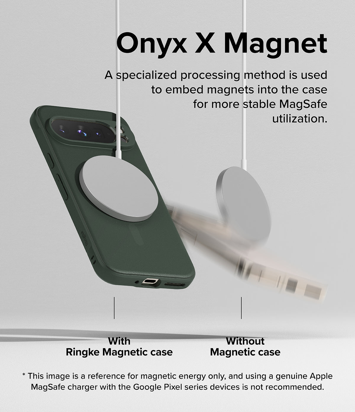 Google Pixel 9 Pro Case | Onyx Magnetic - A comparison showing a magnetic charger securely attached to a phone case.