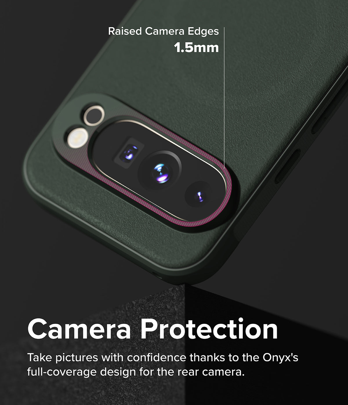 Google Pixel 9 Pro Case | Onyx Magnetic - Dark green phone case highlighting 1.5mm raised edges around the camera lens.