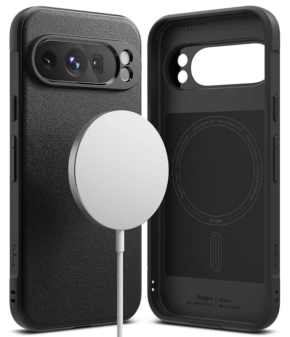 Google Pixel 9 Pro Case | Onyx Magnetic - Black textured phone case with a magnetic charging disc and interior view.
