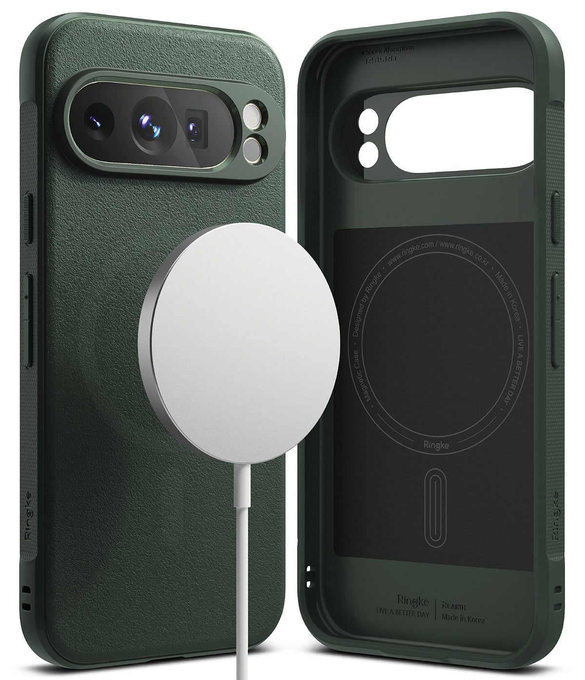 Google Pixel 9 Pro Case | Onyx Magnetic - Dark green phone case with magnetic charging ring and interior branding.