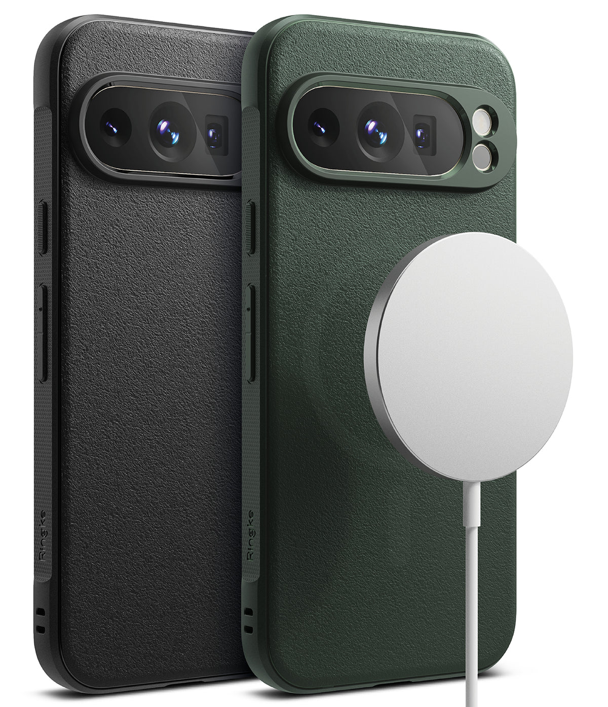 Google Pixel 9 Pro Case | Onyx Magnetic - Black and green textured phone cases with magnetic charging pucks.