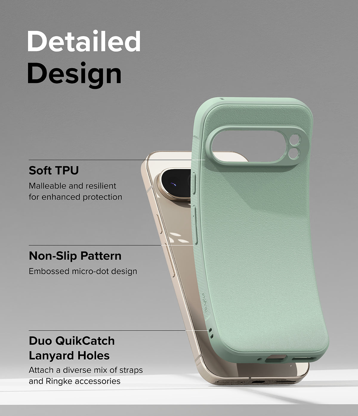 Google Pixel 9 Pro Case | Onyx - Sage green phone case showing TPU material, micro-dot texture, and dual lanyard holes.