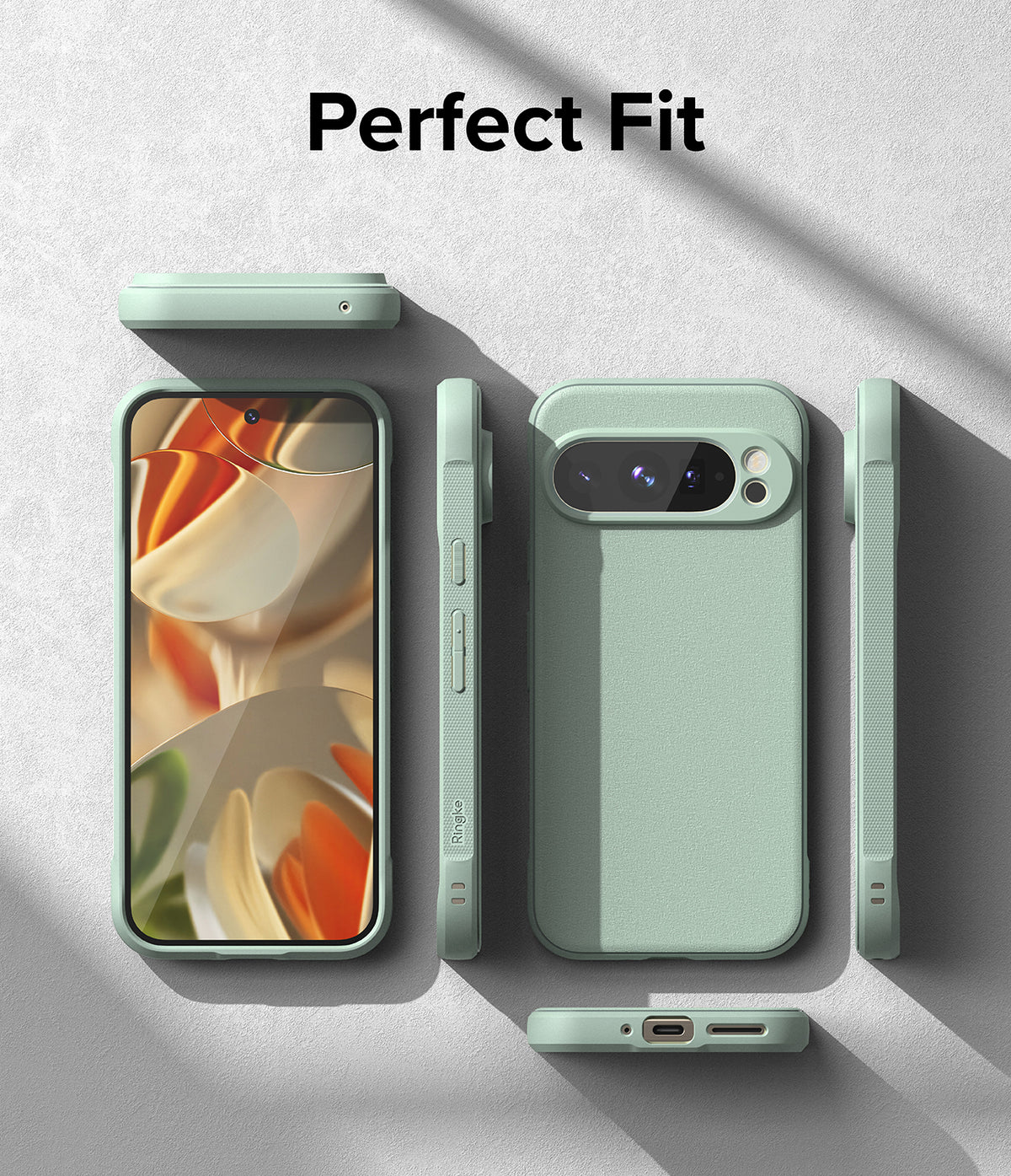 Google Pixel 9 Pro Case | Onyx - Sage green phone case shown from multiple angles, highlighting precise cutouts and fit.