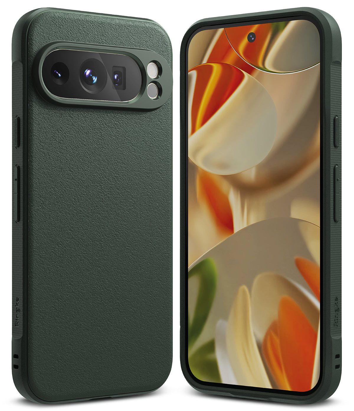 Google Pixel 9 Pro Case | Onyx - Dark green textured phone case shown from the back and front with an abstract wallpaper.