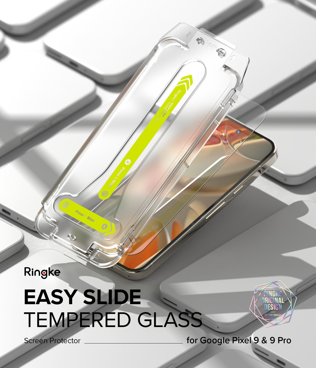 Google Pixel 9 Pro / 9 Screen Protector | Easy Slide Tempered Glass - Google Pixel 9 Pro / 9 Screen Protector - Easy Slide installation tool with tempered glass over a smartphone screen.