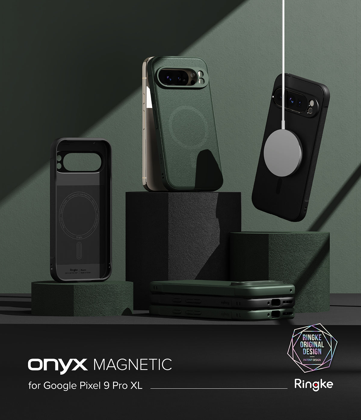 Google Pixel 9 Pro XL Case | Onyx Magnetic - Three green and black phone cases displayed on blocks with a magnetic charger.