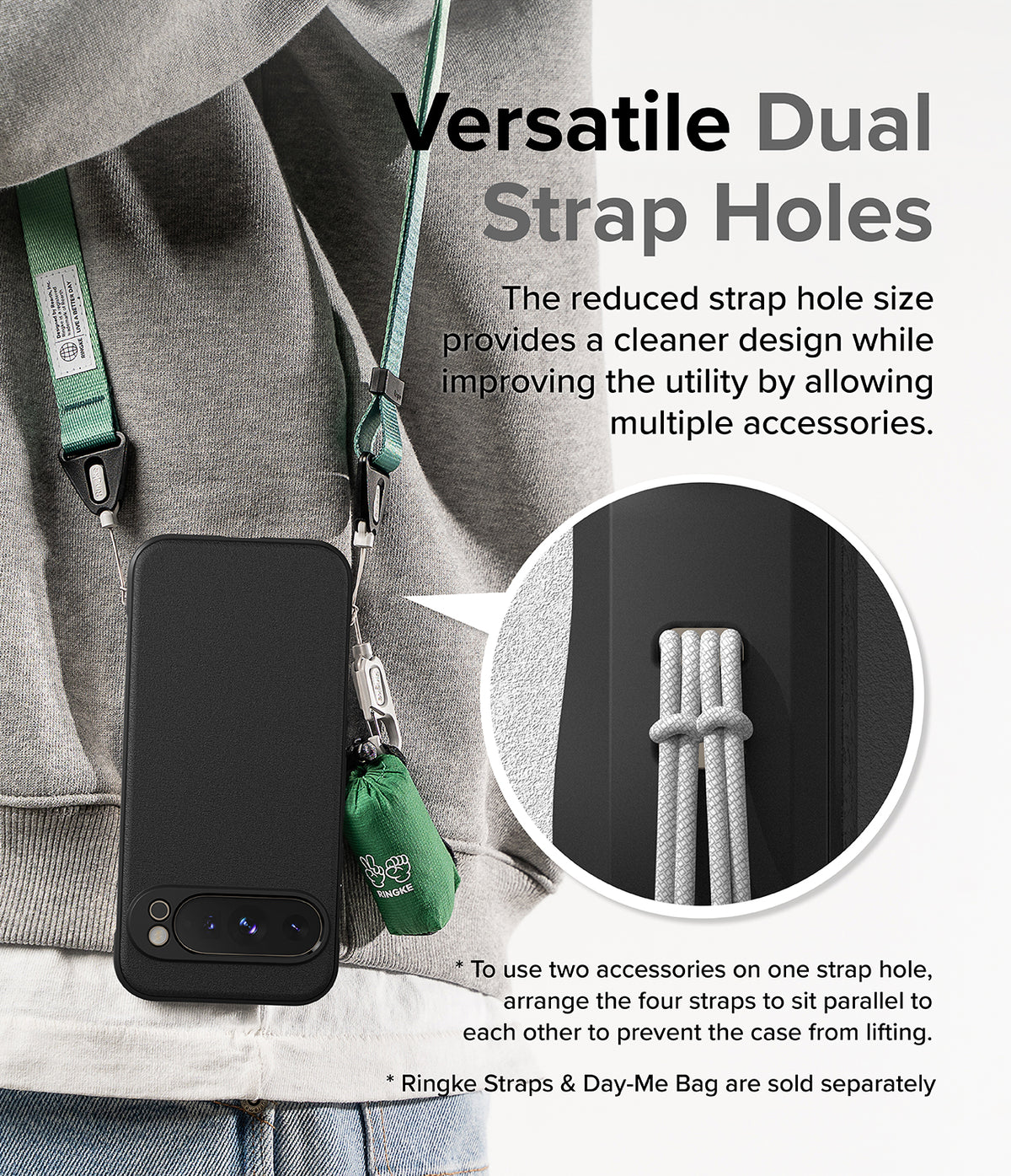 Google Pixel 9 Pro XL Case | Onyx Magnetic - Black phone case with dual strap holes holding a green strap and bag.