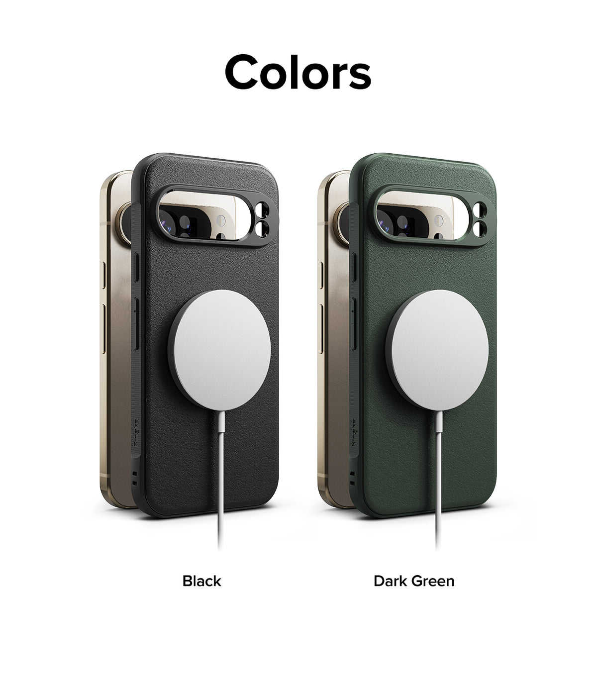 Google Pixel 9 Pro XL Case | Onyx Magnetic - Black and dark green magnetic phone cases with white charging pucks.