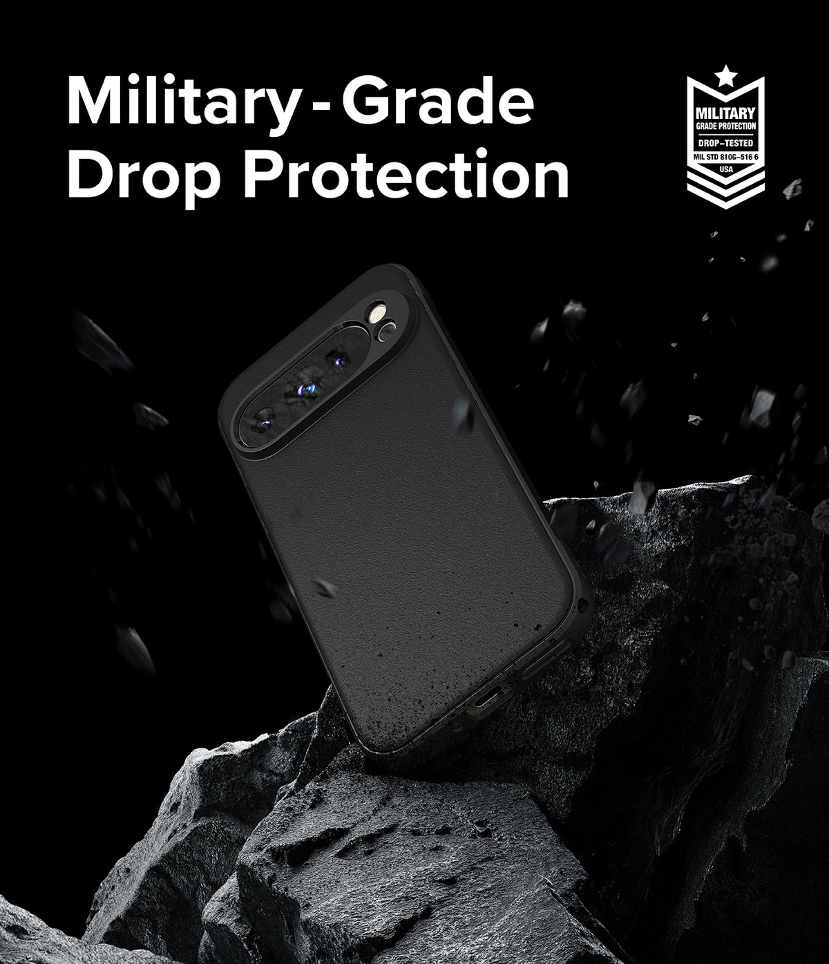 Google Pixel 9 Pro XL Case | Onyx Magnetic - Black phone case on a rocky surface with military-grade protection text.