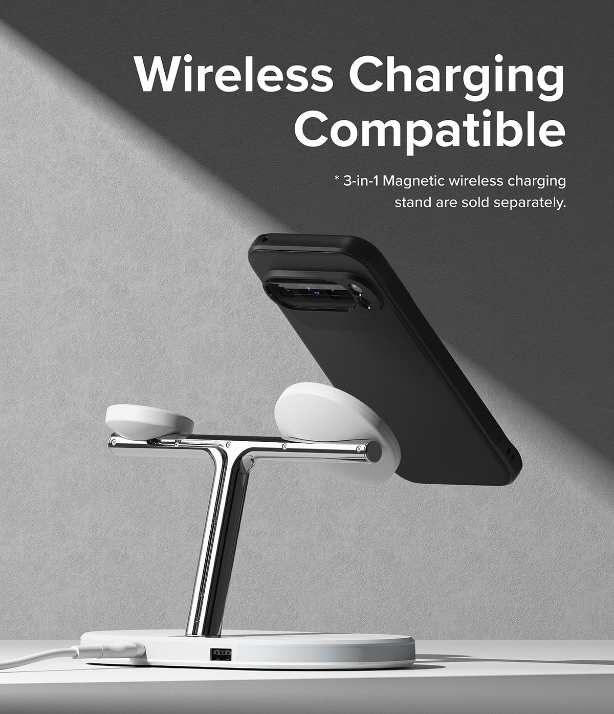 Google Pixel 9 Pro XL Case | Onyx Magnetic - Black phone case magnetically attached to a 3-in-1 wireless charging stand.