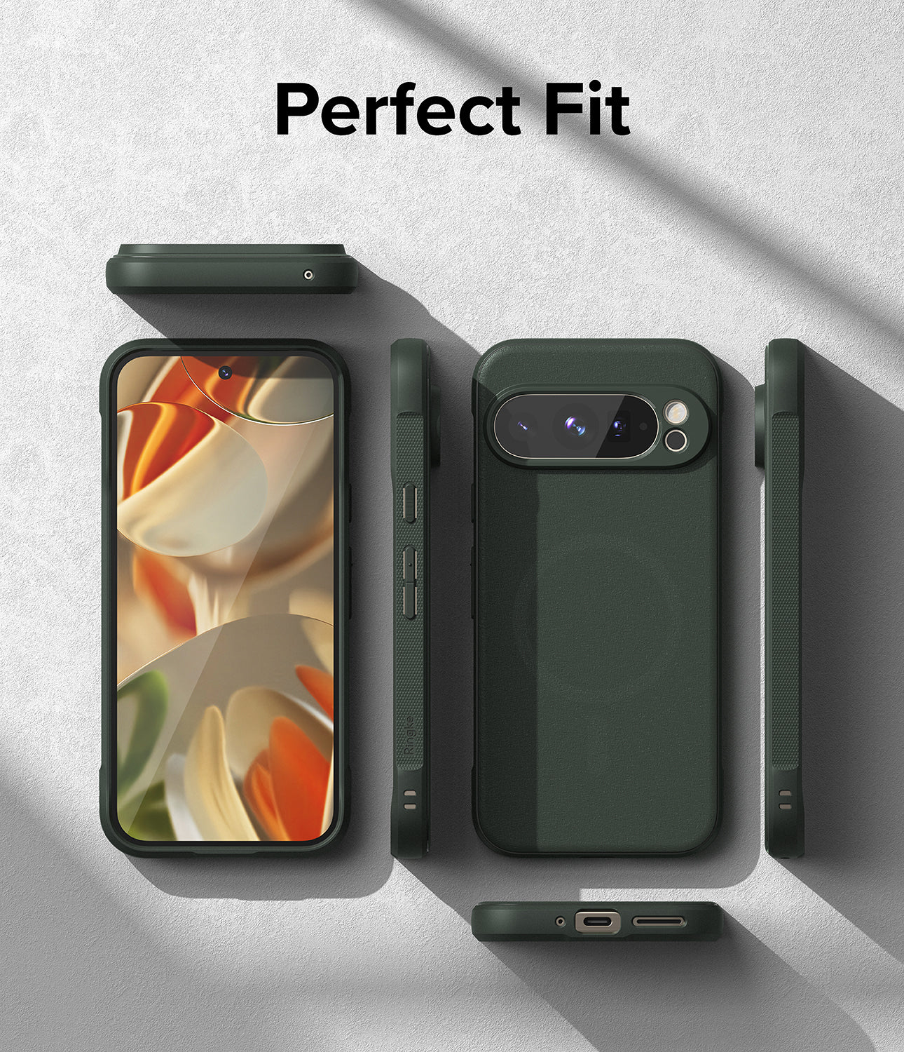 Google Pixel 9 Pro XL Case | Onyx Magnetic - Multiple views of a dark green phone case showing front, back, and sides.