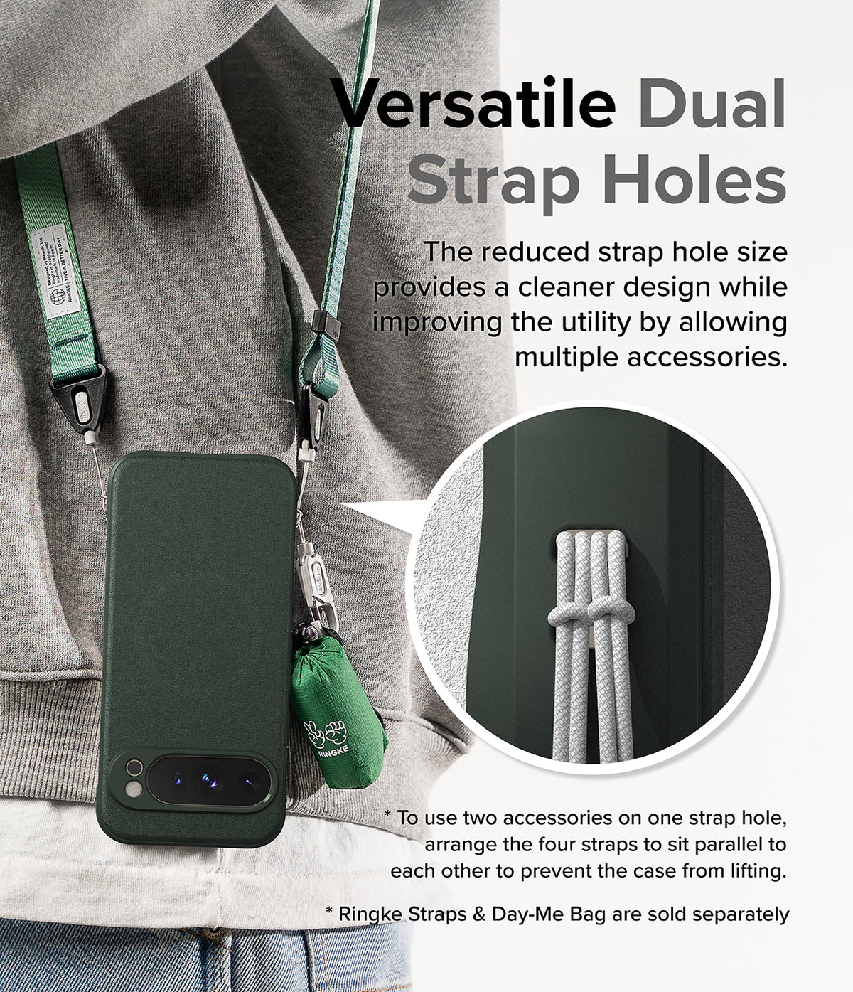 Google Pixel 9 Pro XL Case | Onyx Magnetic - Dark green phone case with dual strap holes holding two accessories.
