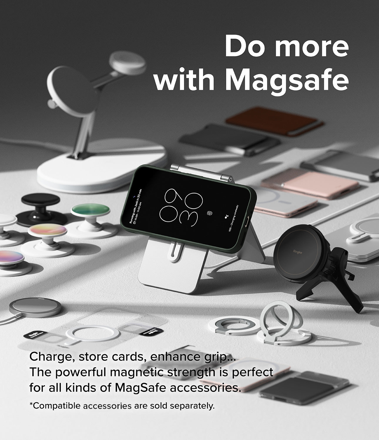 Google Pixel 9 Pro XL Case | Onyx Magnetic - Smartphone in a magnetic case on a stand surrounded by MagSafe accessories.