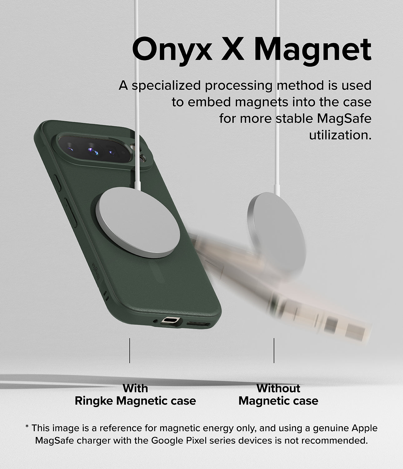 Google Pixel 9 Pro XL Case | Onyx Magnetic - Dark green phone case securely attached to a magnetic charger.