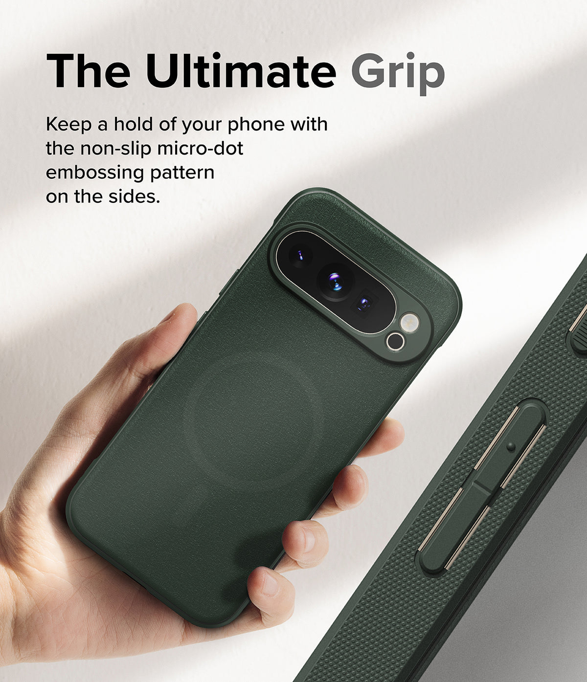Google Pixel 9 Pro XL Case | Onyx Magnetic - Hand holding dark green phone case with micro-dot side texture.