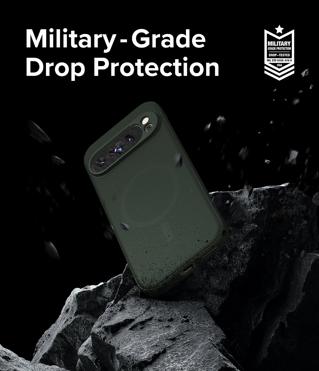 Google Pixel 9 Pro XL Case | Onyx Magnetic - Dark green phone case floating above jagged rocks with debris.