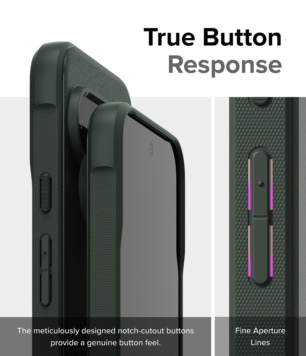 Google Pixel 9 Pro XL Case | Onyx Magnetic - Close-up of textured phone case buttons with precise cutouts.