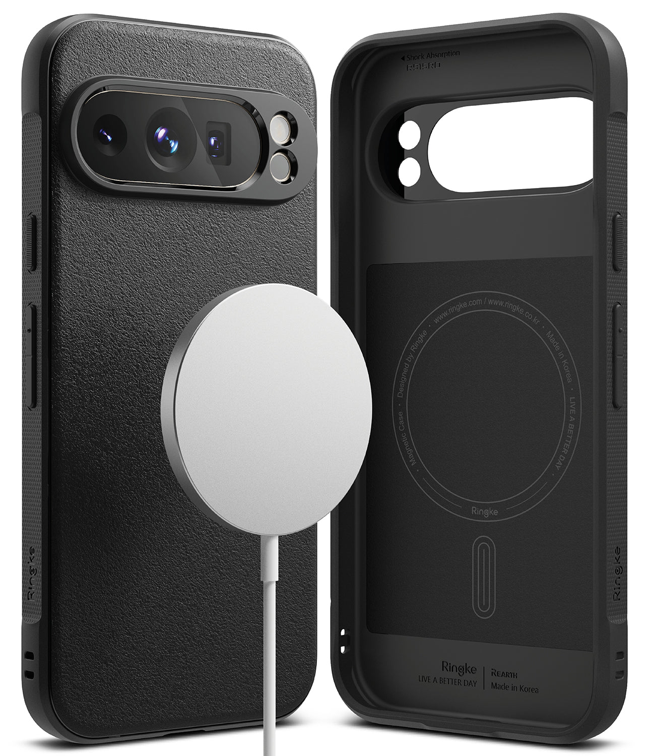 Google Pixel 9 Pro XL Case | Onyx Magnetic - Black textured phone case with magnetic charger and interior view.