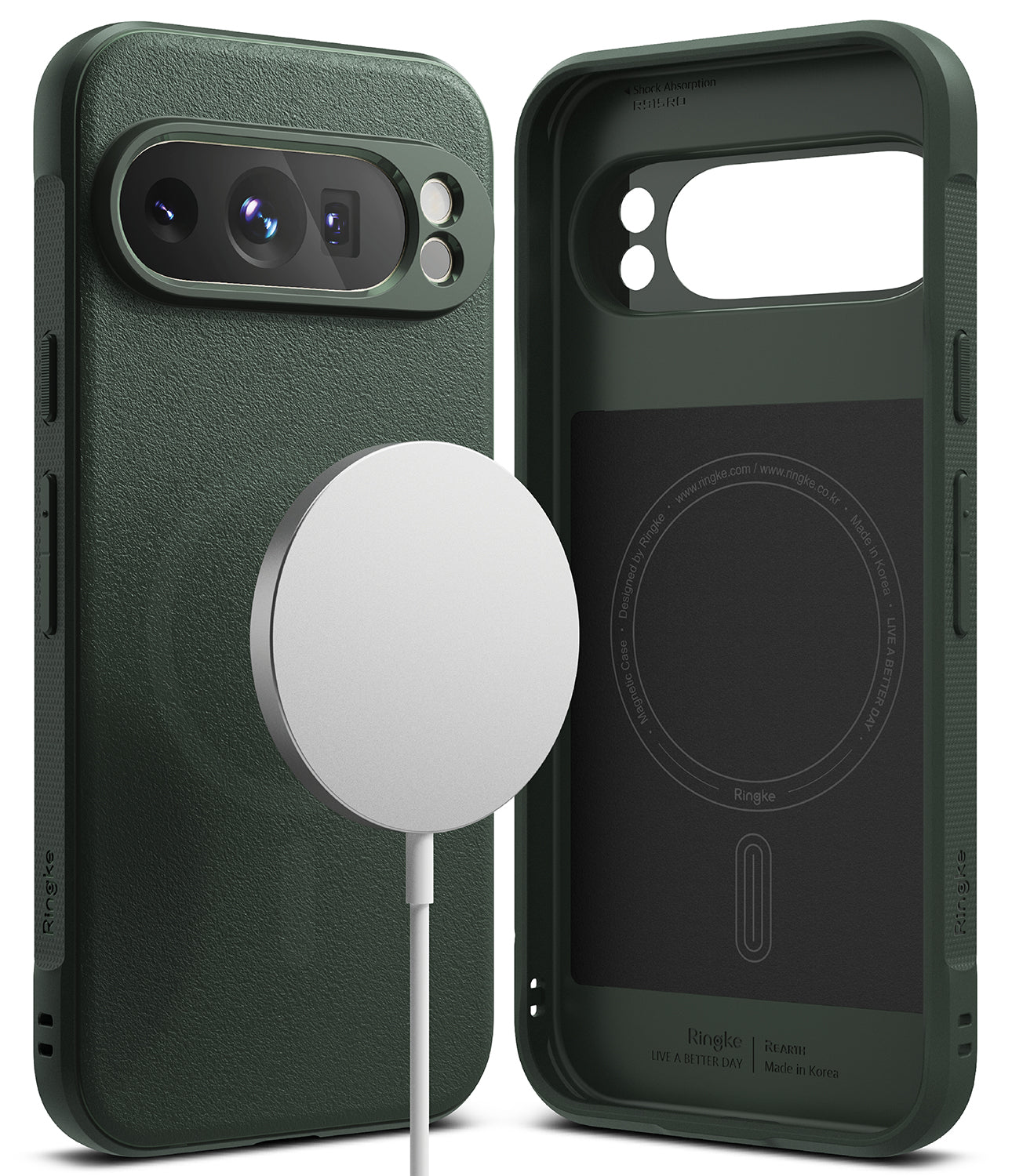 Google Pixel 9 Pro XL Case | Onyx Magnetic - Dark green magnetic phone case shown from back and interior views.