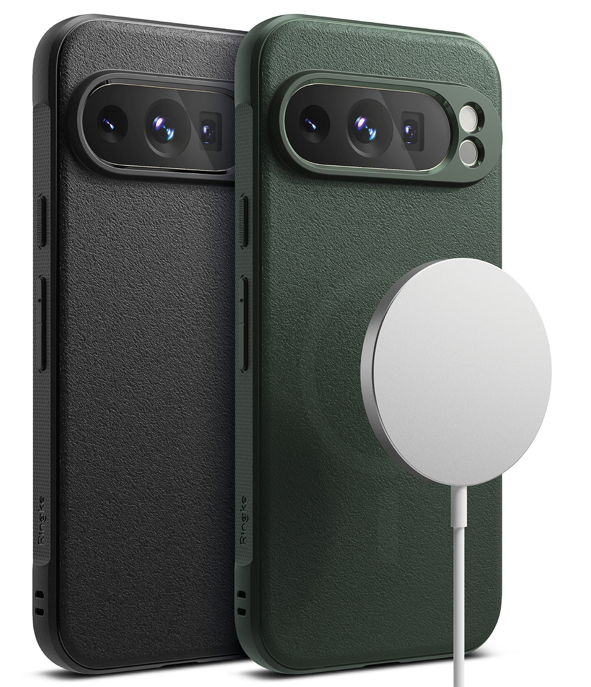 Google Pixel 9 Pro XL Case | Onyx Magnetic - Black and green textured phone cases with magnetic charging puck.