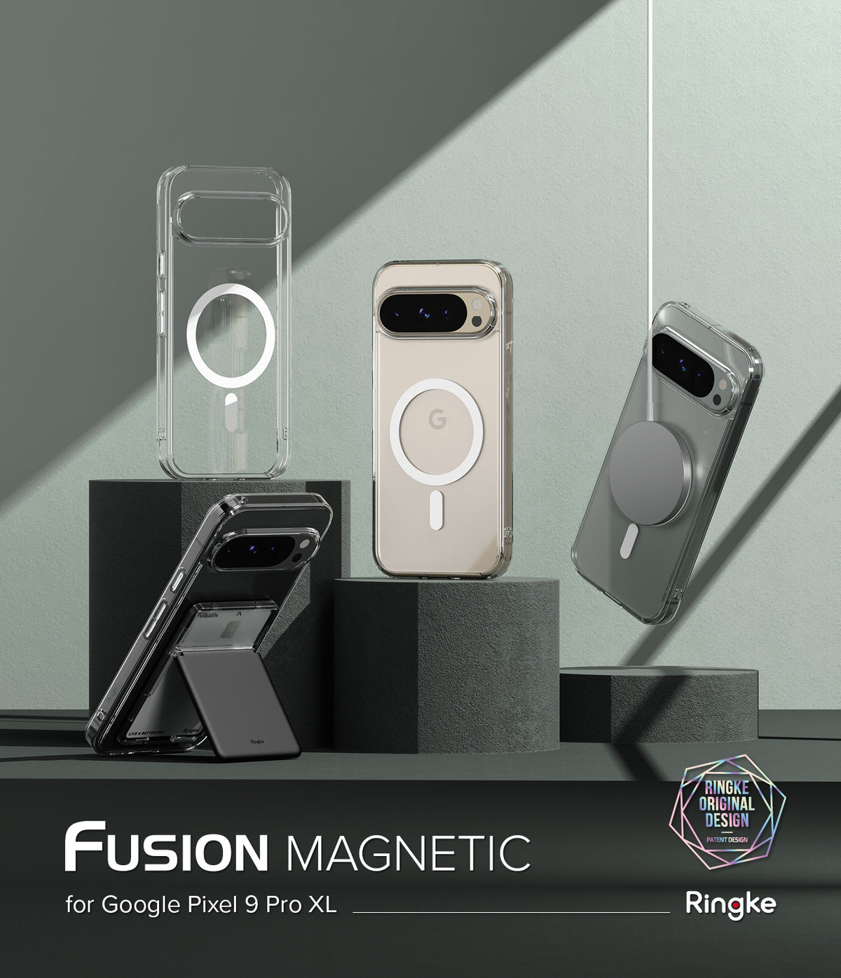 Google Pixel 9 Pro XL Case | Fusion Magnetic - Three clear magnetic phone cases displayed on dark geometric pedestals.