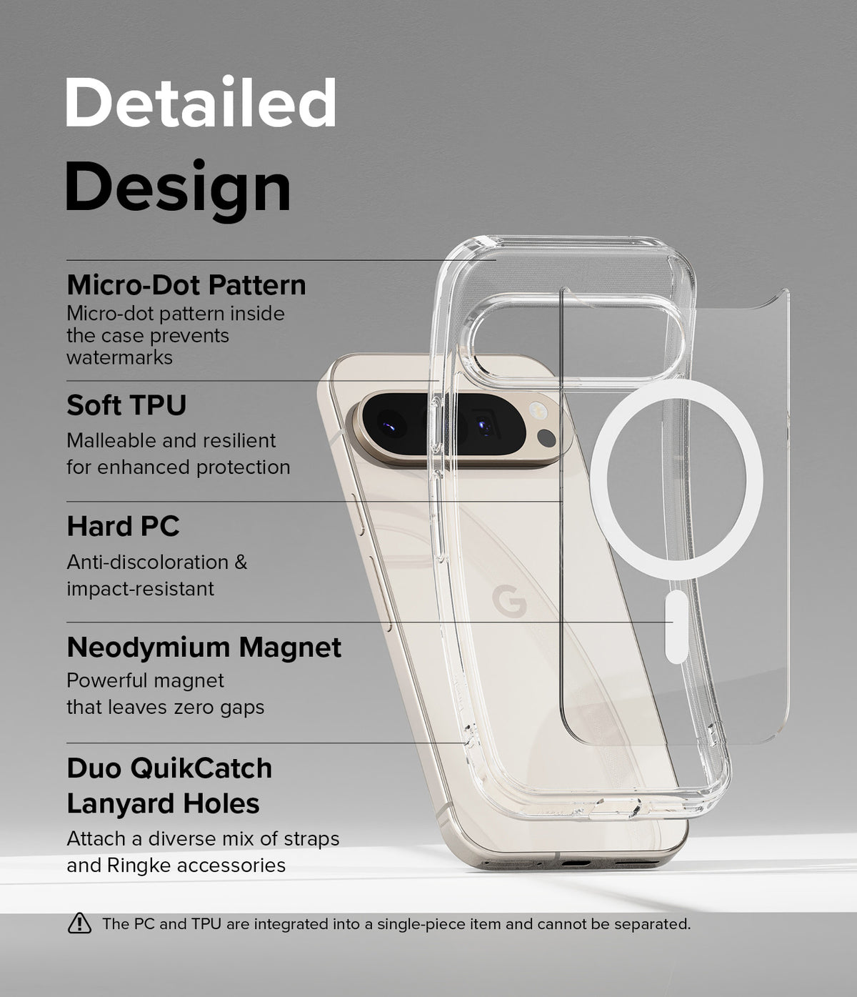 Google Pixel 9 Pro XL Case | Fusion Magnetic - Exploded view of a clear magnetic phone case highlighting design features.