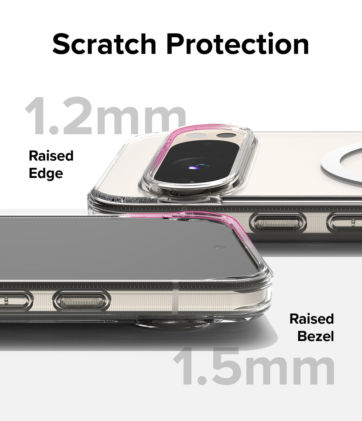Google Pixel 9 Pro XL Case | Fusion Magnetic - Close-up showing 1.2mm raised camera edge and 1.5mm raised screen bezel.