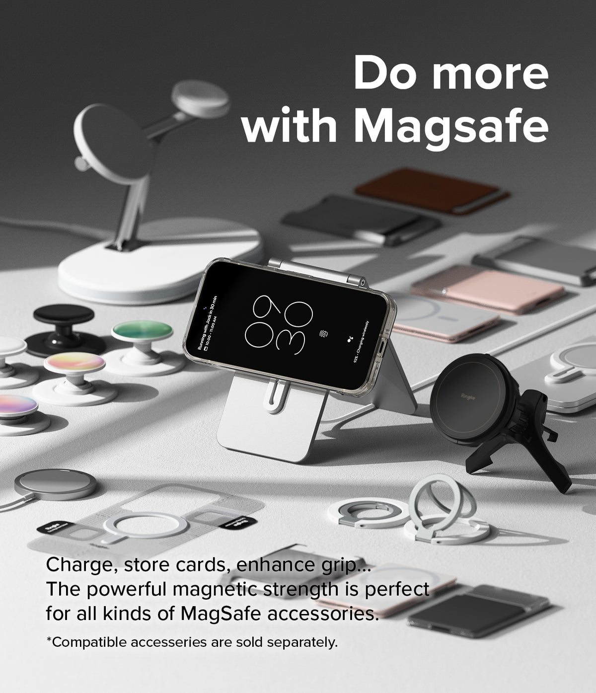 Google Pixel 9 Pro XL Case | Fusion Magnetic - Pixel 9 Pro XL on a magnetic stand surrounded by various MagSafe accessories.