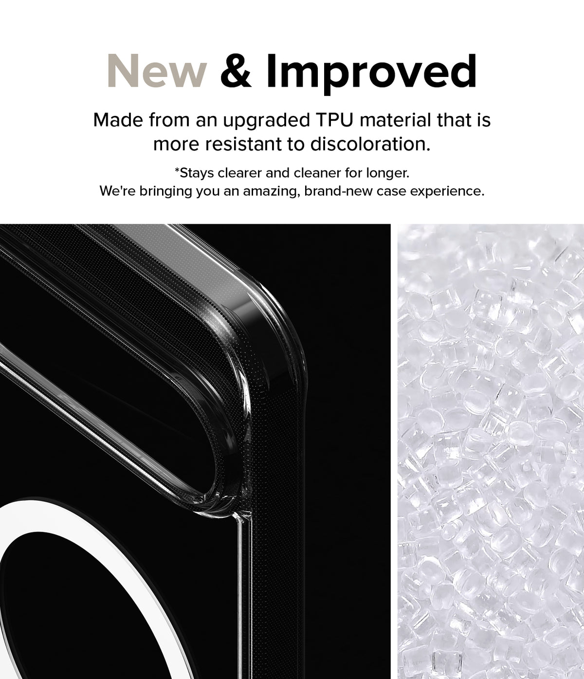 Google Pixel 9 Pro XL Case | Fusion Magnetic - Clear phone case corner detail next to raw TPU plastic pellets.