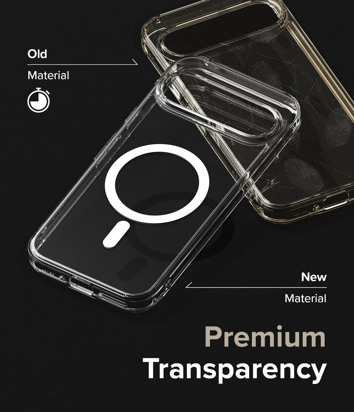 Google Pixel 9 Pro XL Case | Fusion Magnetic - Comparison of a yellowed old phone case and a clear new magnetic case.