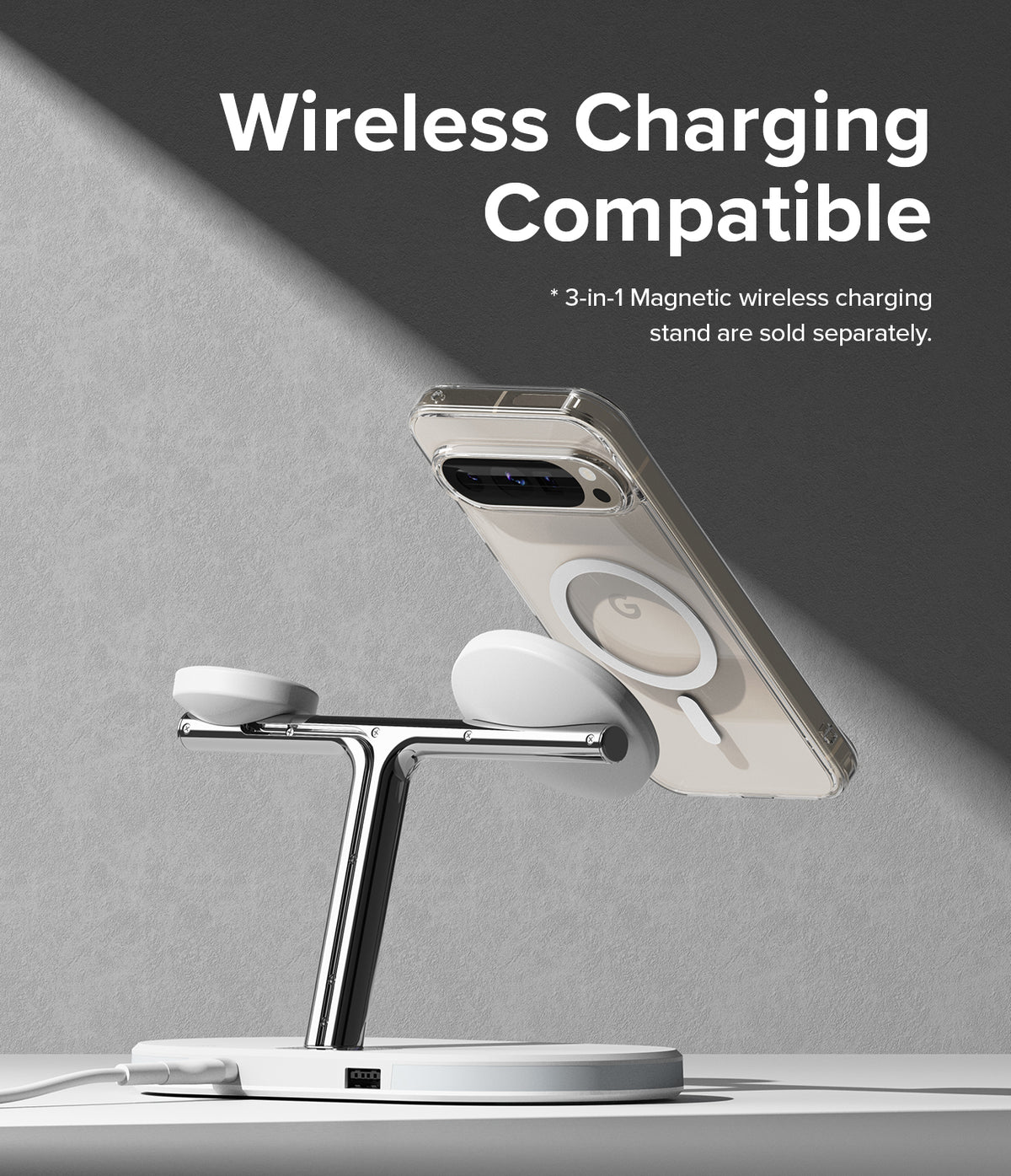 Google Pixel 9 Pro XL Case | Fusion Magnetic - Clear phone case with magnetic ring attached to a wireless charger.