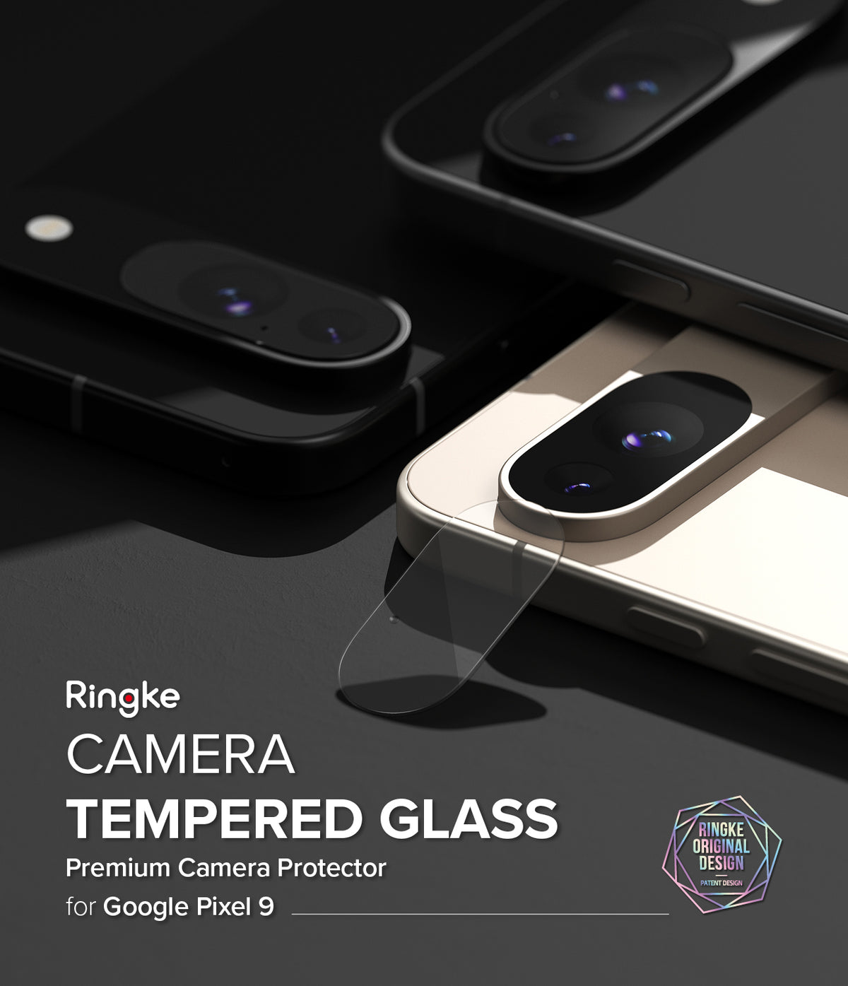 Google Pixel 9 | Camera Glass - Tempered glass protector being applied to the camera bar of a gold Google Pixel 9 smartphone.