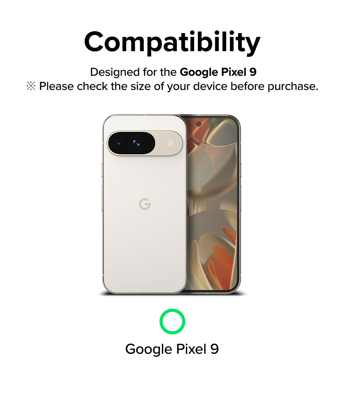 Google Pixel 9 | Camera Glass - Compatibility graphic showing a white Google Pixel 9 phone with a green checkmark.