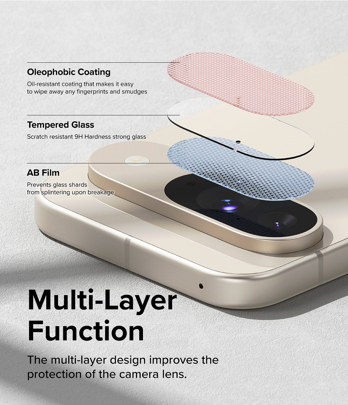 Google Pixel 9 | Camera Glass - Exploded view of a multi-layer camera lens protector on a smartphone.