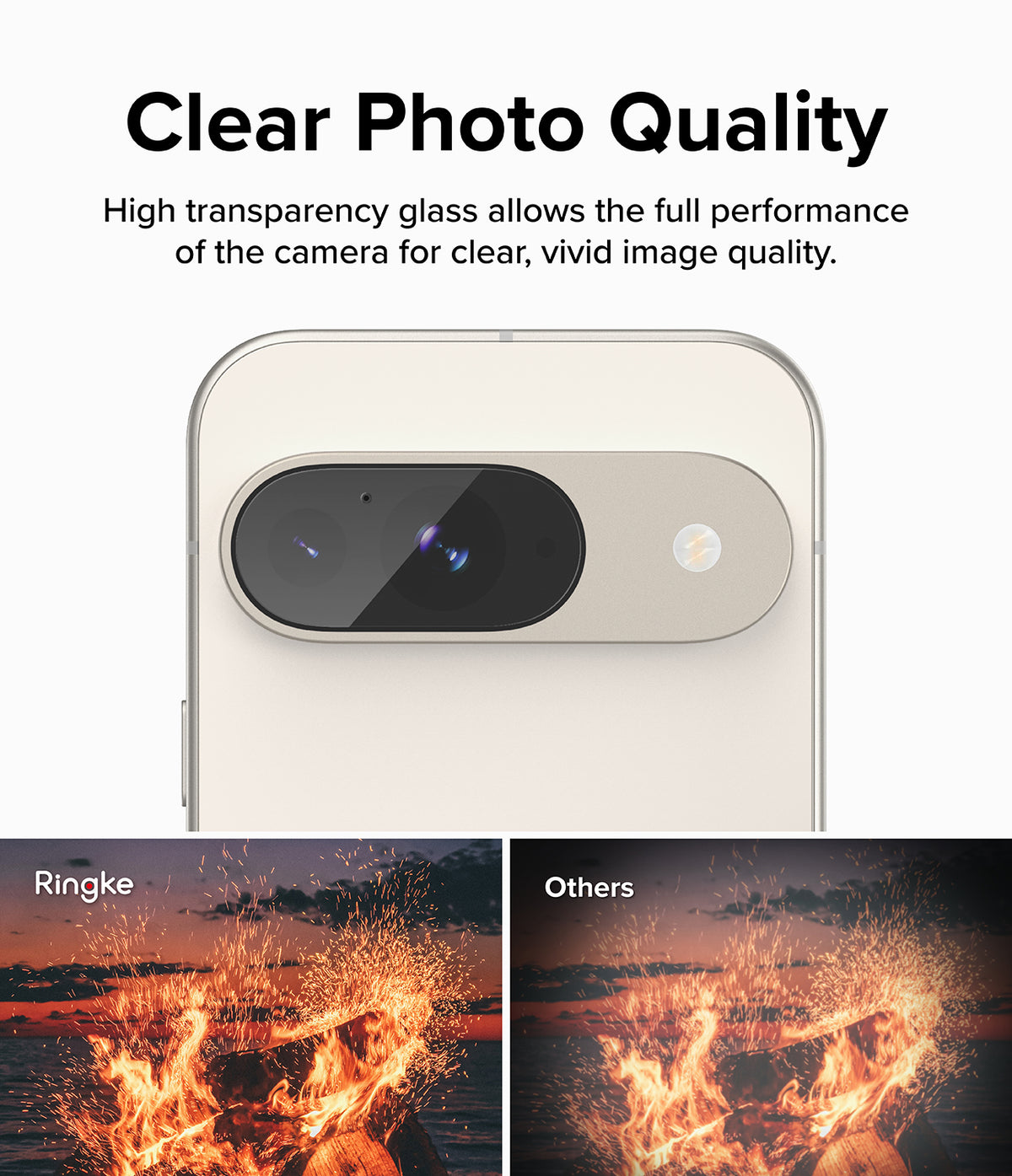 Google Pixel 9 | Camera Glass - Close-up of phone camera lens with a comparison showing clearer photo quality versus others.