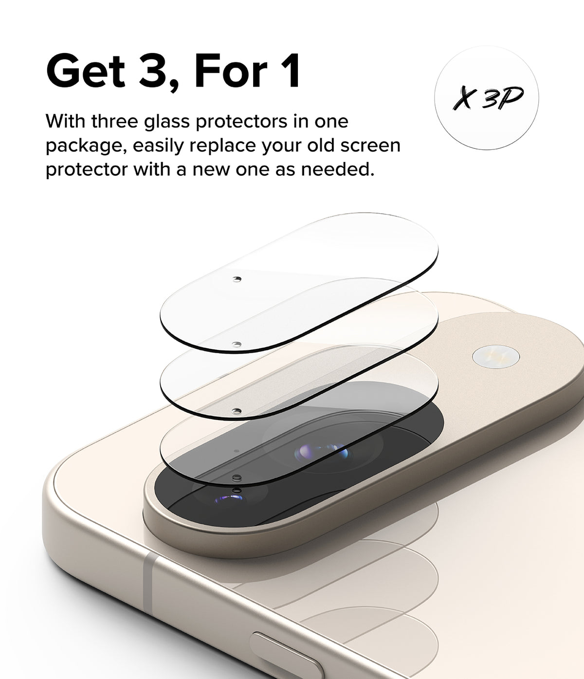 Google Pixel 9 | Camera Glass - Three transparent camera lens protectors stacked above a Pixel 9 camera bar.