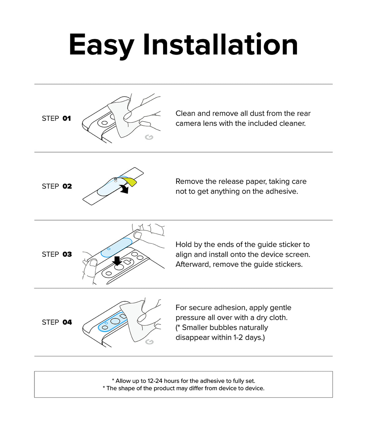 Google Pixel 9 | Camera Glass - Four-step illustrated guide showing how to clean, peel, align, and press the camera lens protector.