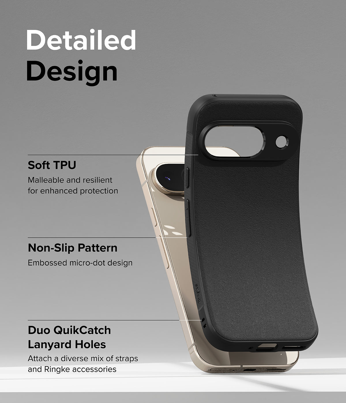 Google Pixel 9 Case | Onyx - Black phone case features highlighting soft TPU, non-slip texture, and lanyard holes.