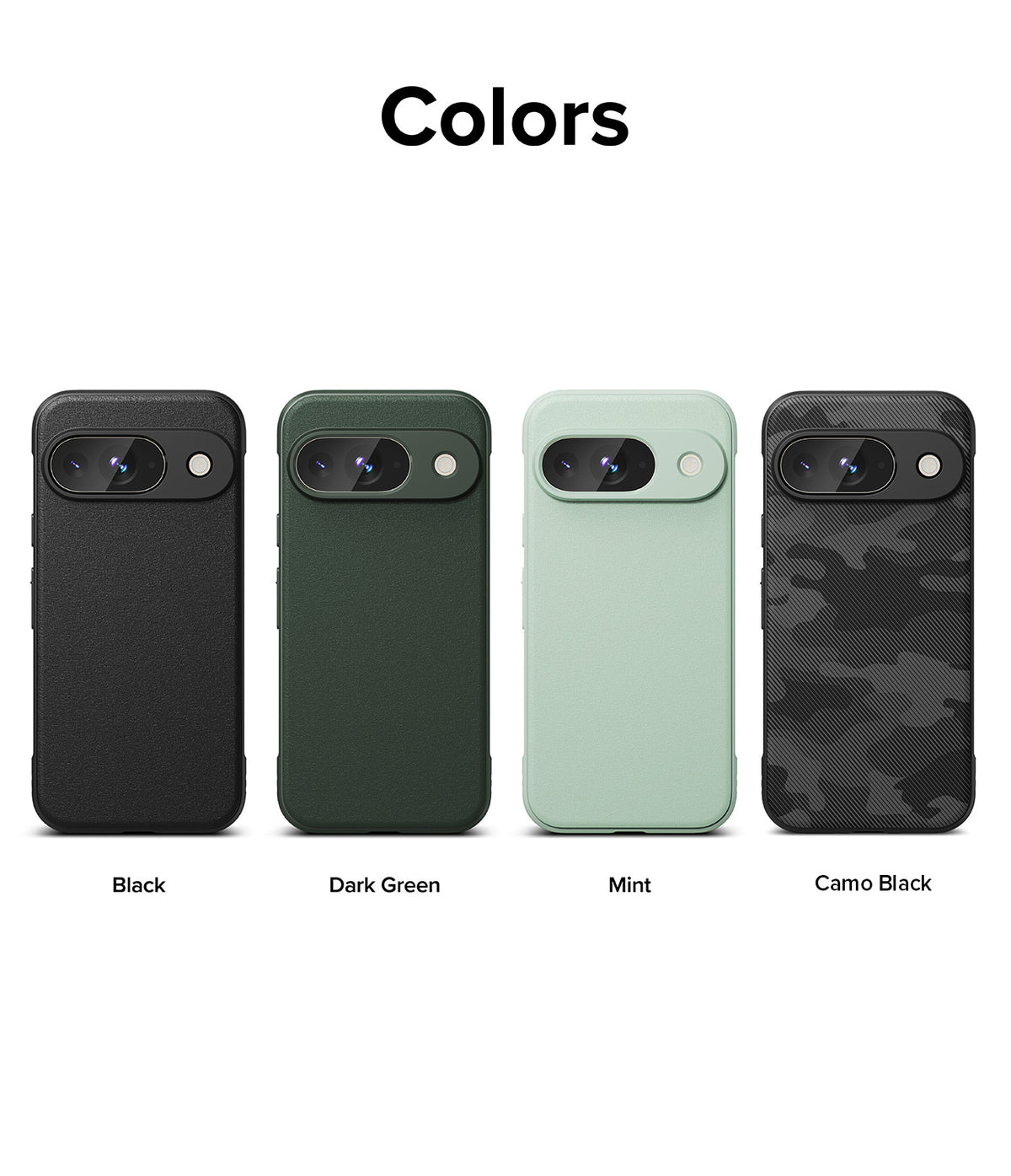 Google Pixel 9 Case | Onyx - Four Google Pixel 9 phone cases in black, dark green, mint, and camo black arranged in a row.
