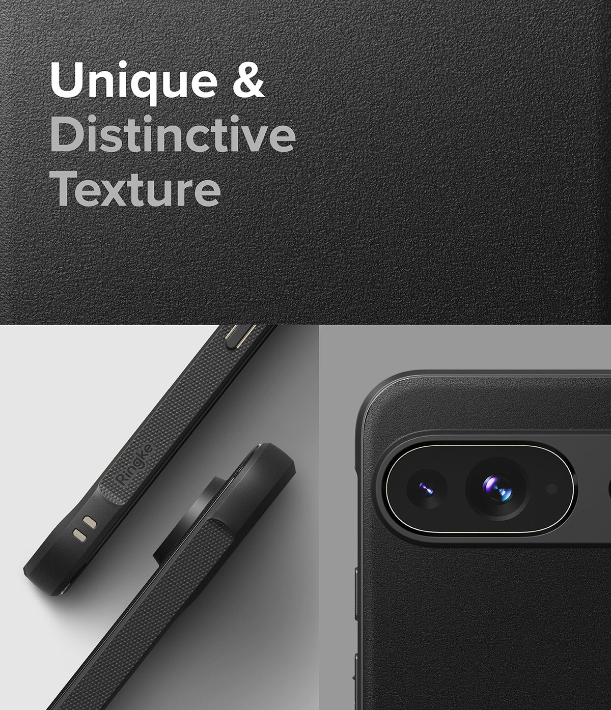 Google Pixel 9 Case | Onyx - Close-up of a black textured phone case showing side grip details and the camera cutout.