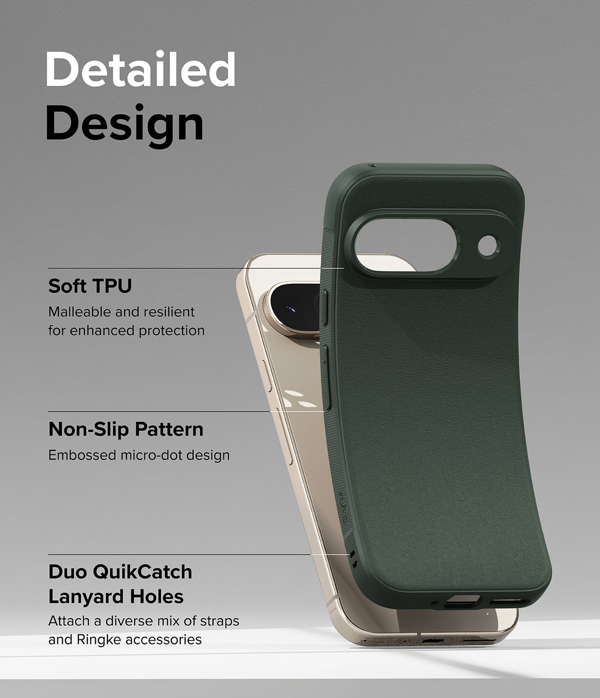 Google Pixel 9 Case | Onyx - Dark green phone case highlighting TPU material, non-slip texture, and lanyard holes.