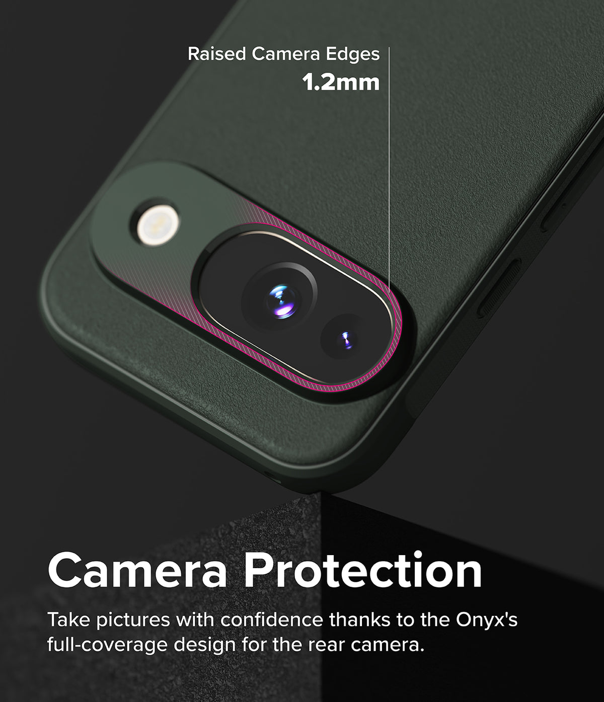 Google Pixel 9 Case | Onyx - Close-up of phone case highlighting 1.2mm raised camera edges for lens protection.