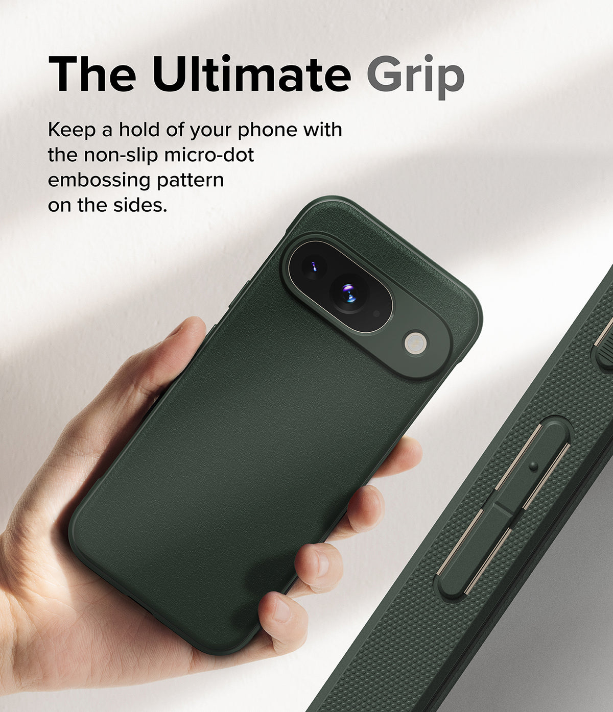 Google Pixel 9 Case | Onyx - Hand holding a dark green phone case with a textured micro-dot side grip and camera cutout.